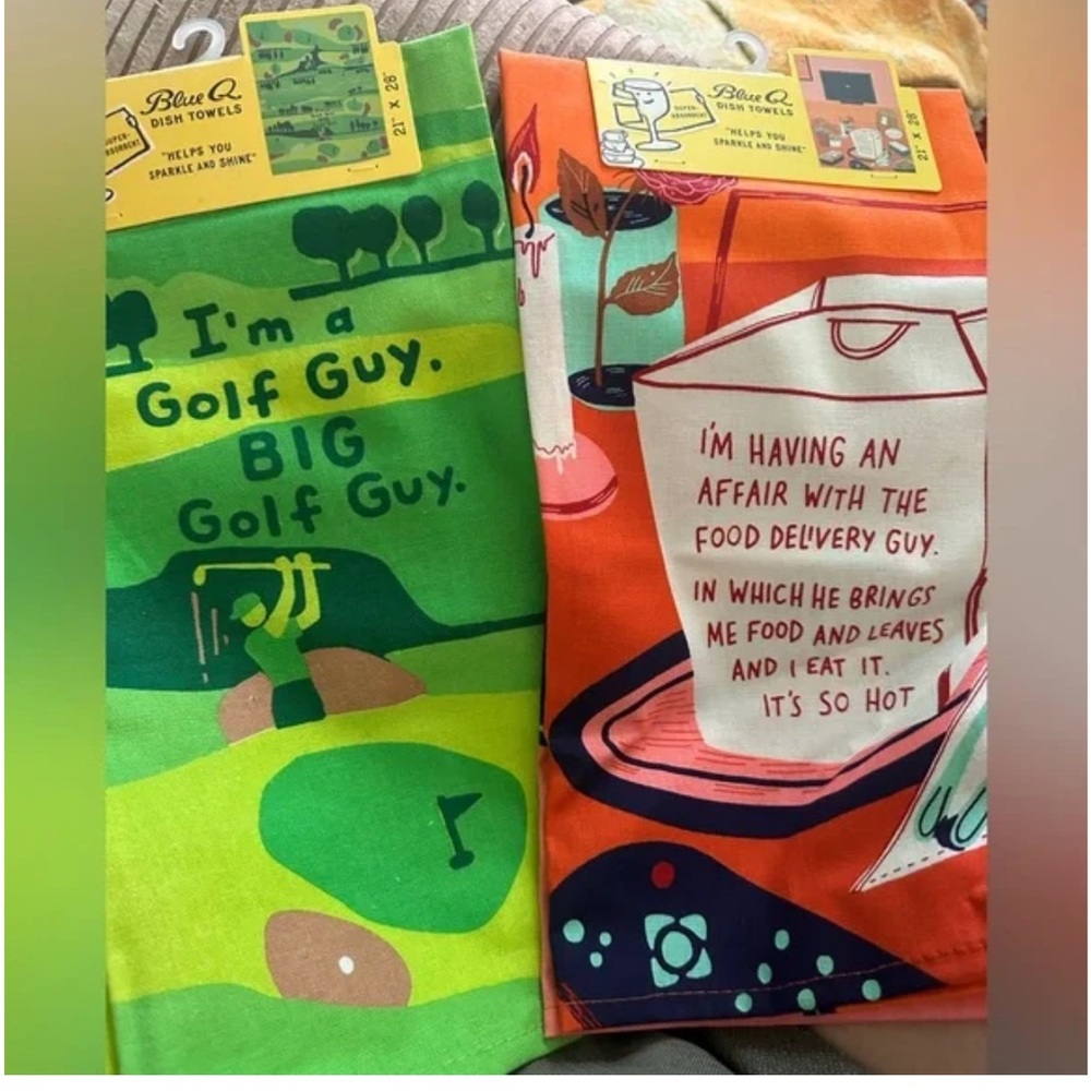 TWO NWT Blue Q Dish Towel ‘Big Golf Guy’ + ‘Affair with the food delivery guy’